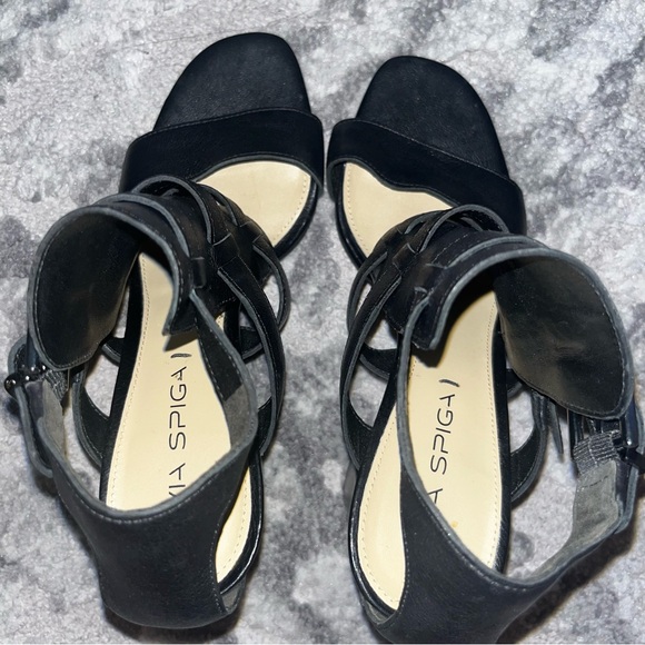 Via Spiga Black Leather Gladiator Open Toe Block Heels - Picture 6 of 11